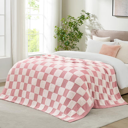 Snuggle Sac Faux Fur Checkered Throw Blanket with Fluffy Microfiber Fabric