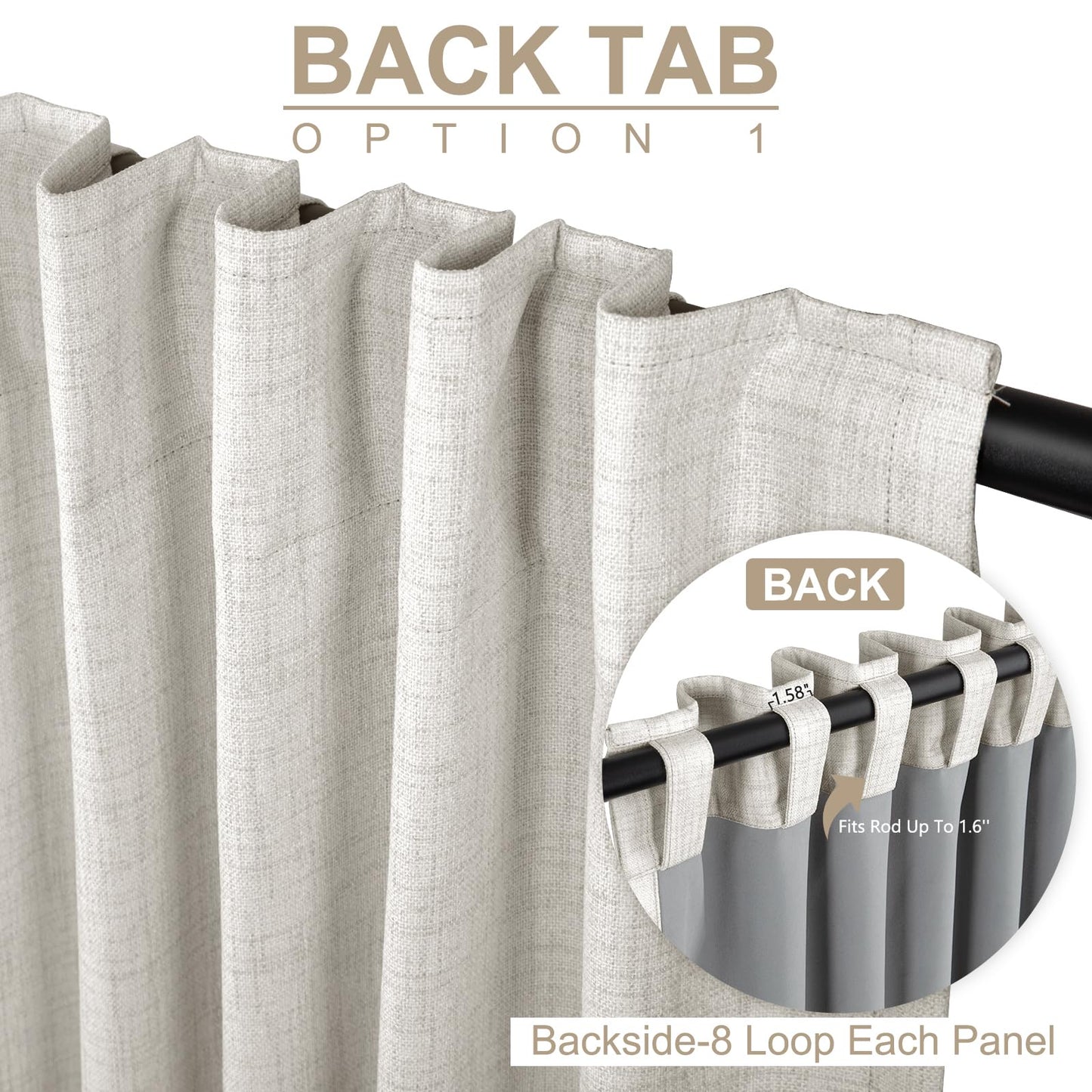 100% Blackout Linen Curtains Thermal Insulated Back Tab Rod Pocket Drapes for Bedroom Living Room
