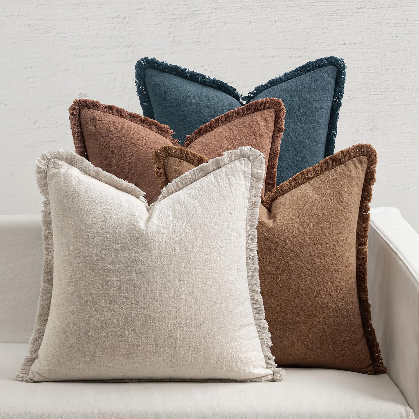 Neutral Linen Fringe Throw Pillow Covers Set of 4 Boho Farmhouse Tassel Cushion Covers for Sofa Bed Living Room Decor