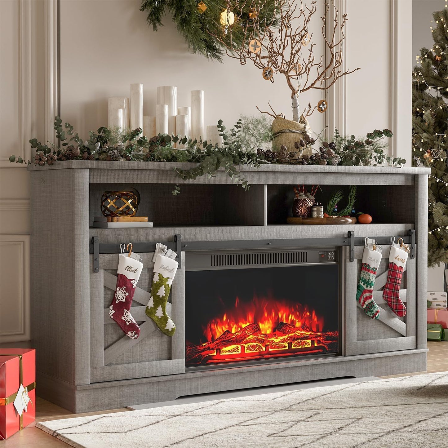 TV Stand for 65 Inch TVs with Sliding Barn Doors and Storage Cabinets