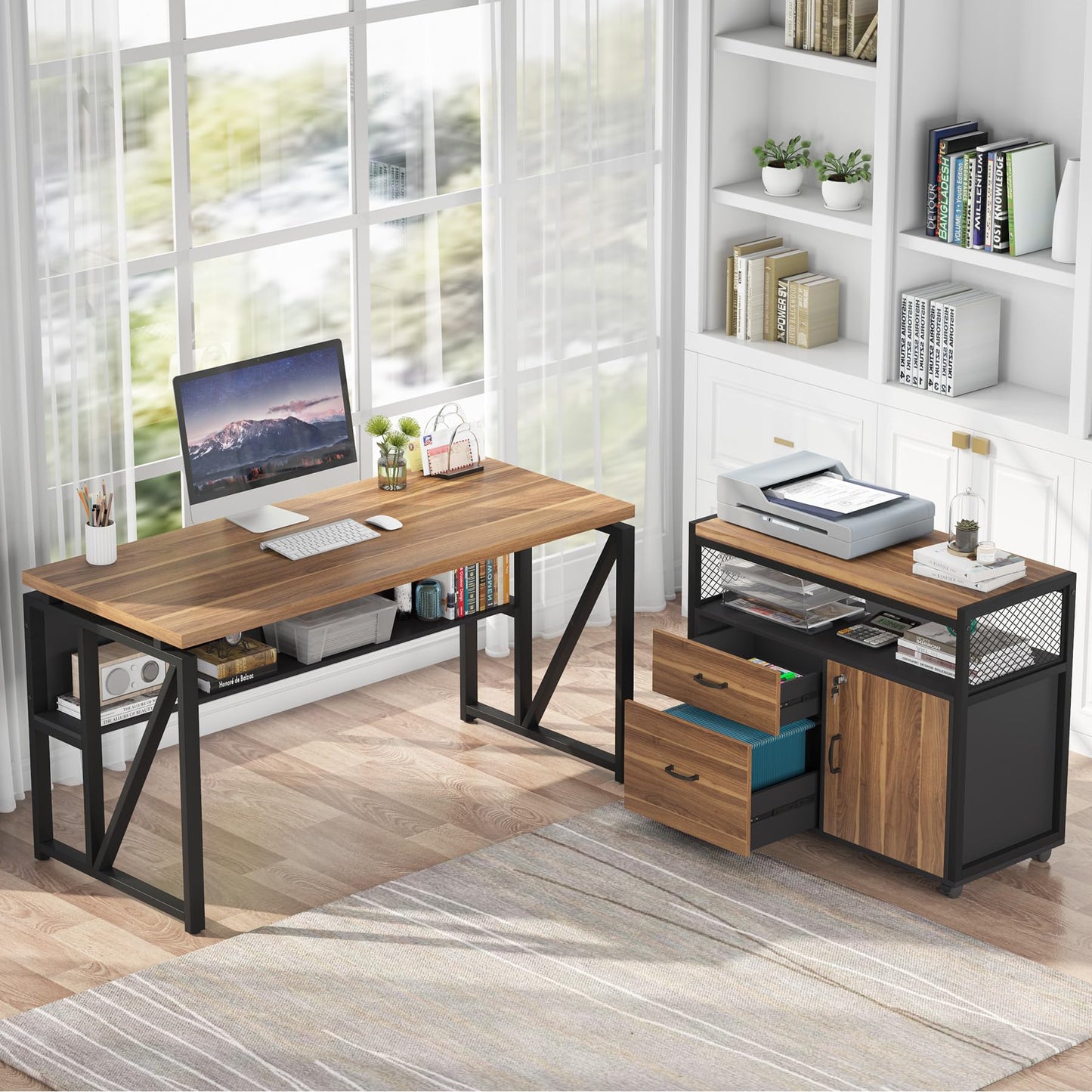 L-Shaped Executive Desk with Drawer Cabinet and File Storage Home Office Furniture