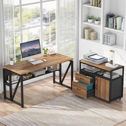 L-Shaped Executive Desk with Drawer Cabinet and File Storage Home Office Furniture