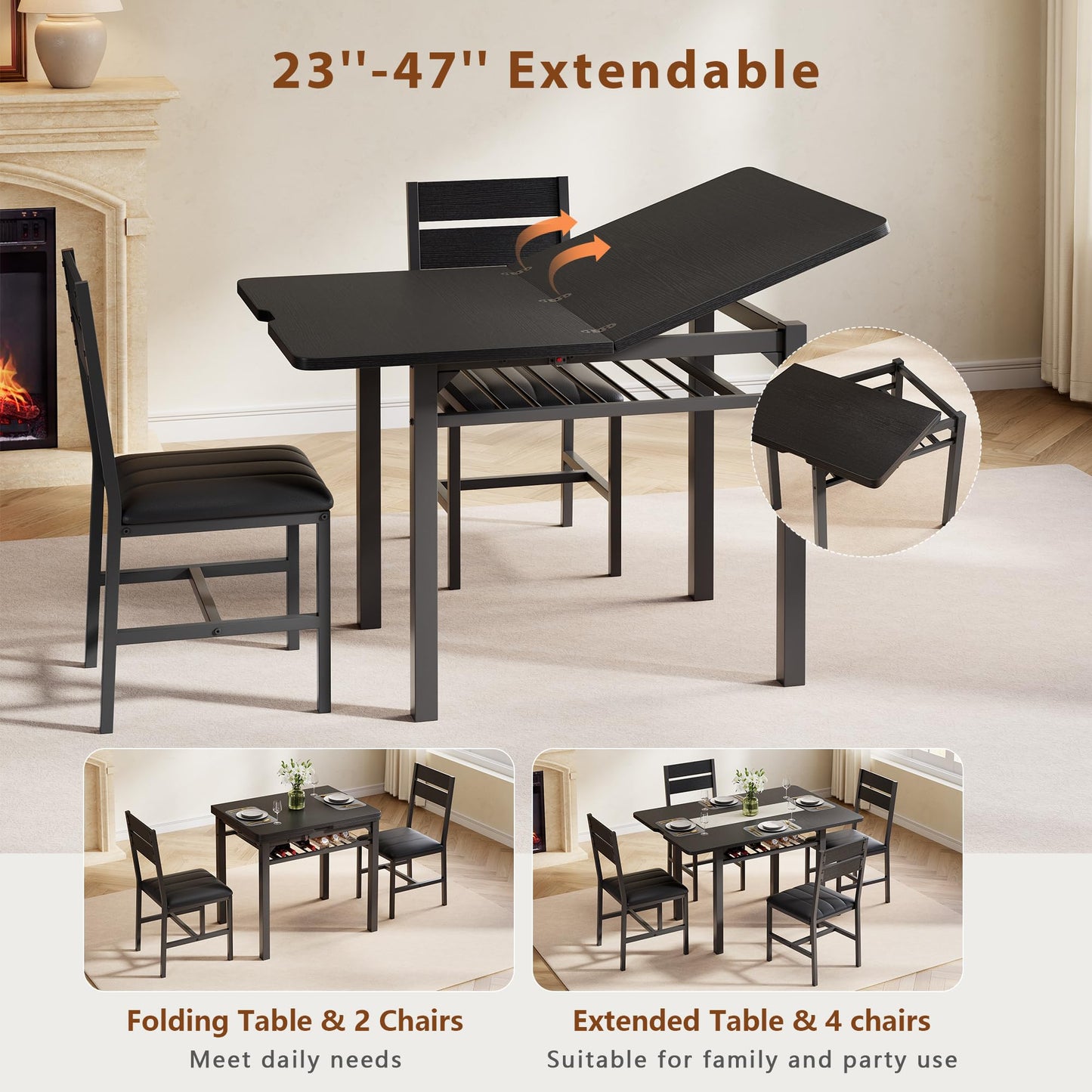 Extendable Dining Table Set for 4 with Upholstered PU Leather Chairs