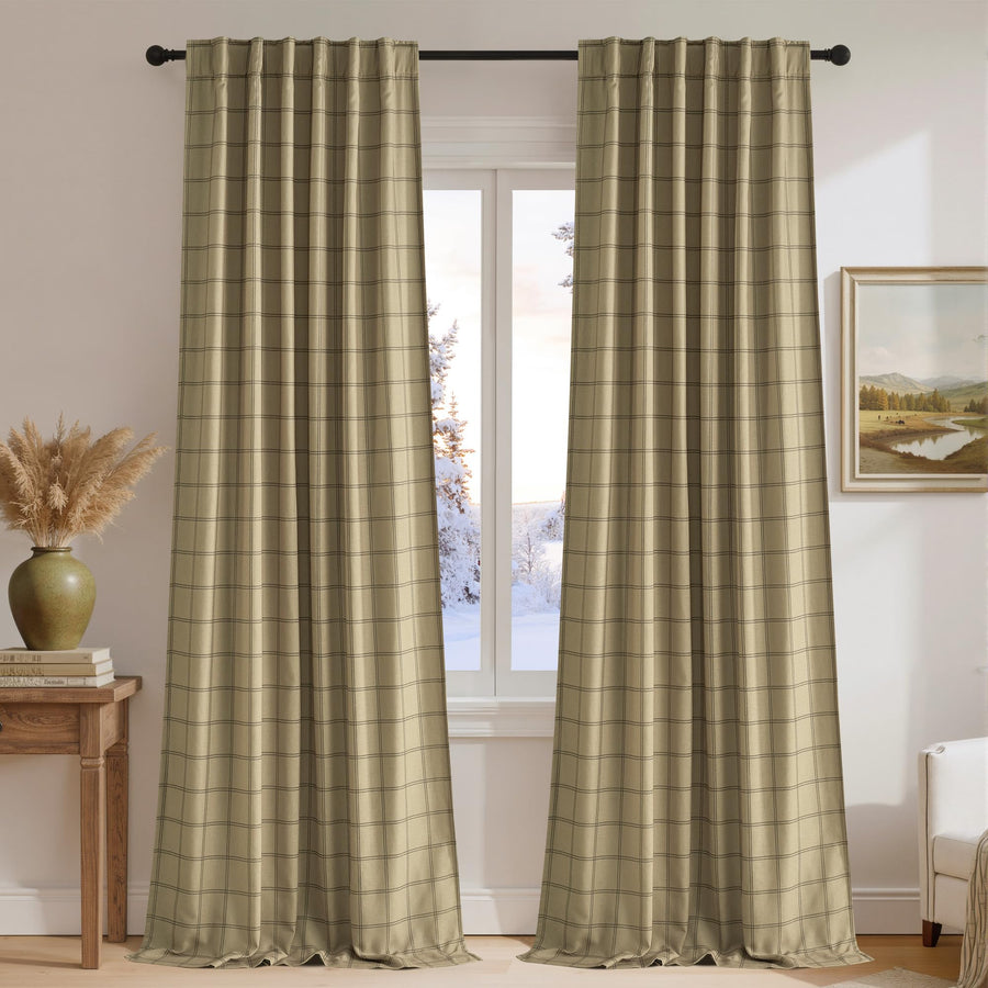 Linen Plaid Blackout Curtains Rod Pocket Back Tab Windowpane Drapes for Living Room Bedroom