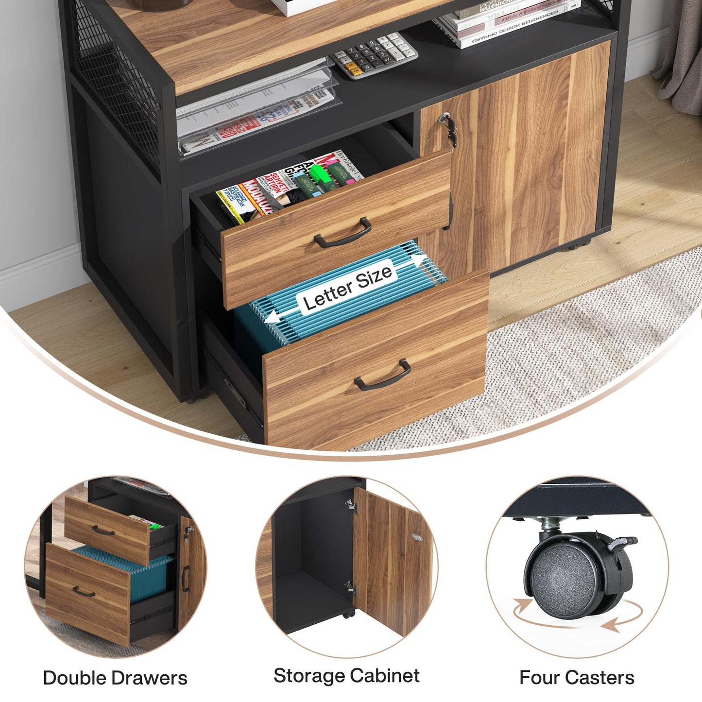 L-Shaped Executive Desk with Drawer Cabinet and File Storage Home Office Furniture