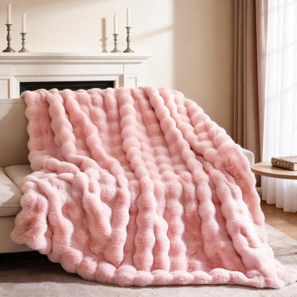 Faux Fur Bubble Fleece Throw Blanket Soft Plush Cozy Blanket for Sofa Bed Home Decor
