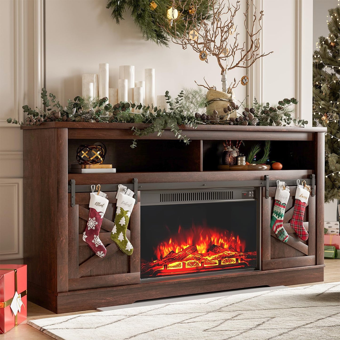 TV Stand for 65 Inch TVs with Sliding Barn Doors and Storage Cabinets