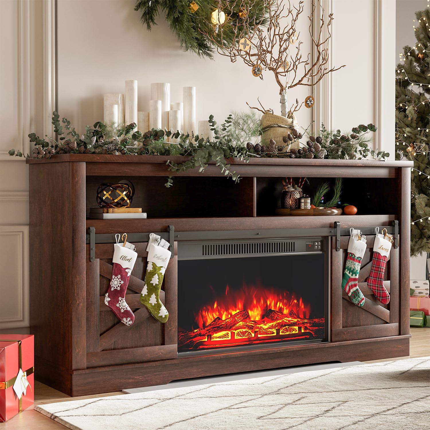 TV Stand for 65 Inch TVs with Sliding Barn Doors and Storage Cabinets