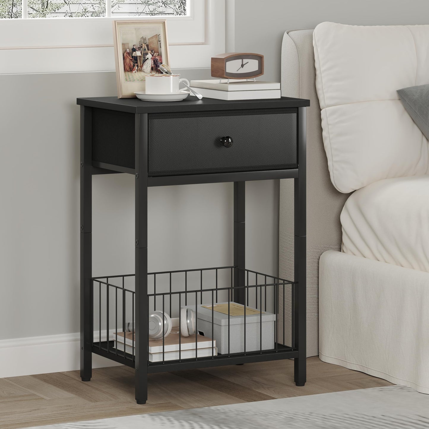 Industrial Nightstand with Drawer and 3-Tier Storage End Table