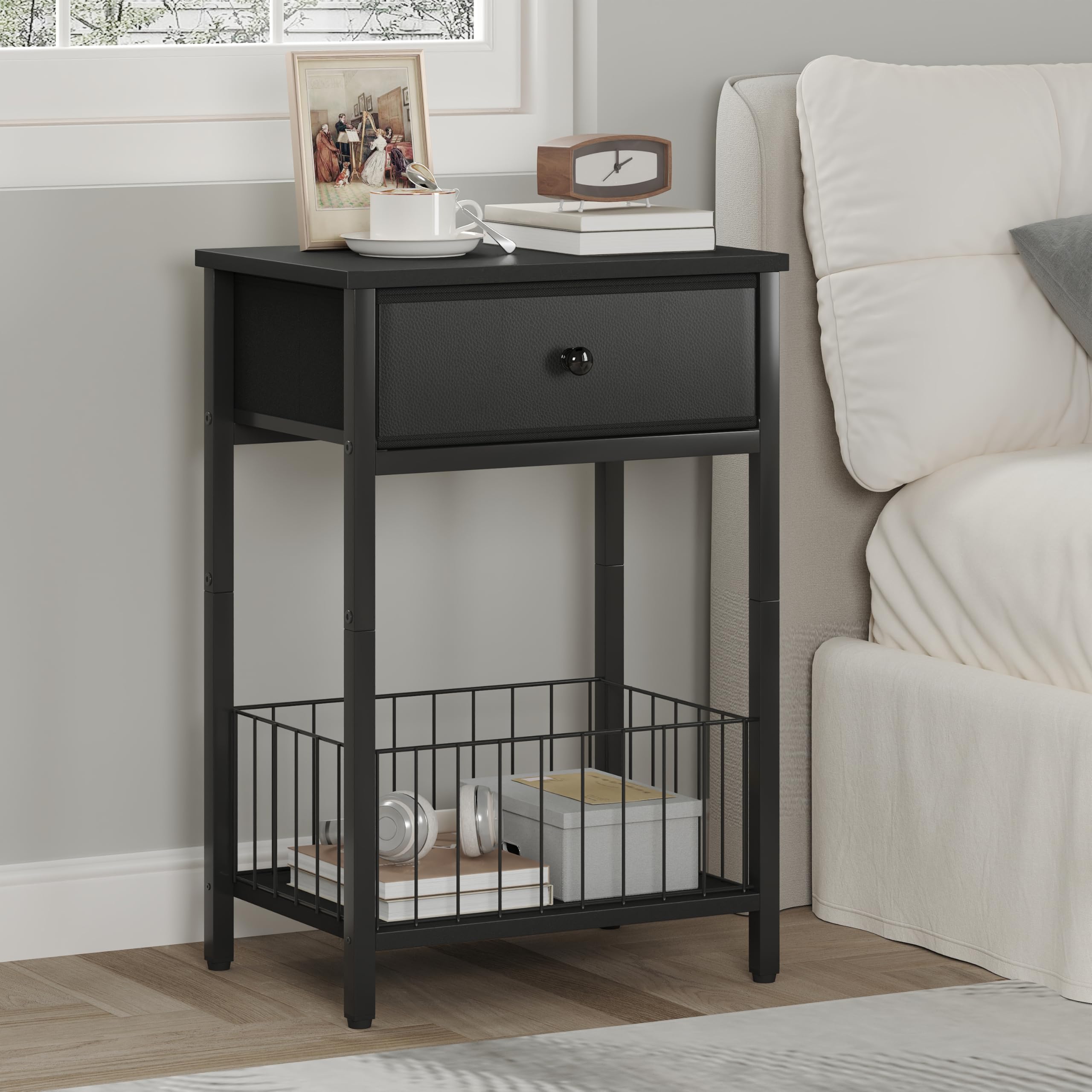 Industrial Nightstand with Drawer and 3-Tier Storage End Table
