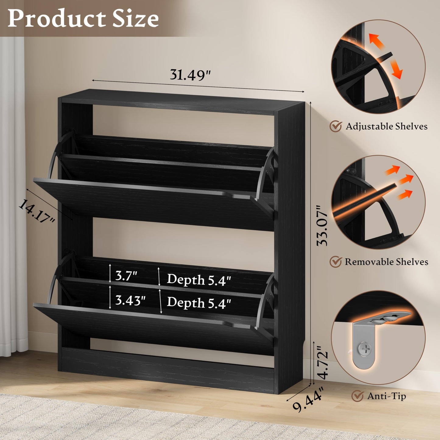 3-Flip Drawer Shoe Cabinet Freestanding Entryway Storage Cabinet