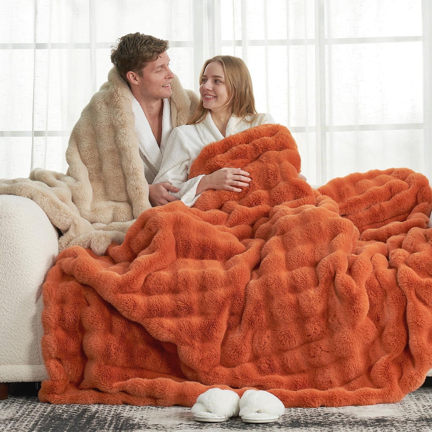 Faux Fur Throw Blanket Soft Plush Bubble Blanket for Couch Sofa Bedroom Living Room