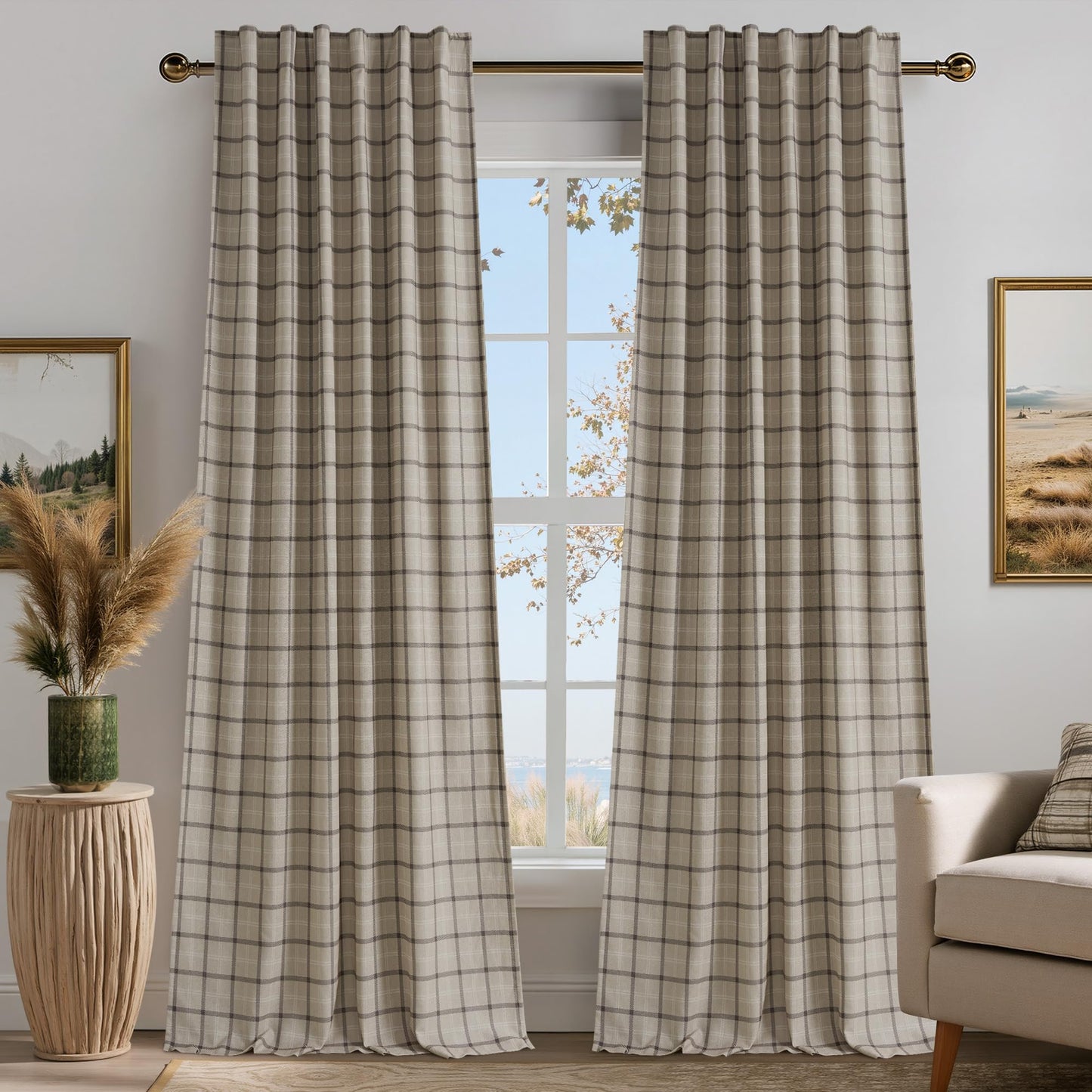 Linen Plaid Blackout Curtains Rod Pocket Back Tab Windowpane Drapes for Living Room Bedroom