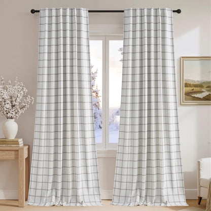 Linen Plaid Blackout Curtains Rod Pocket Back Tab Windowpane Drapes for Living Room Bedroom