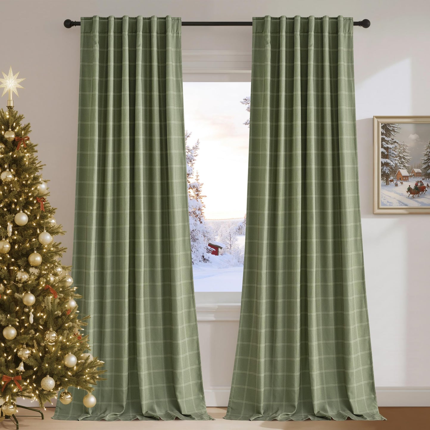 Linen Plaid Blackout Curtains Rod Pocket Back Tab Windowpane Drapes for Living Room Bedroom
