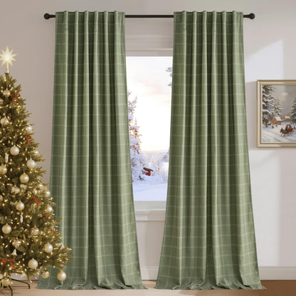 Linen Plaid Blackout Curtains Rod Pocket Back Tab Windowpane Drapes for Living Room Bedroom