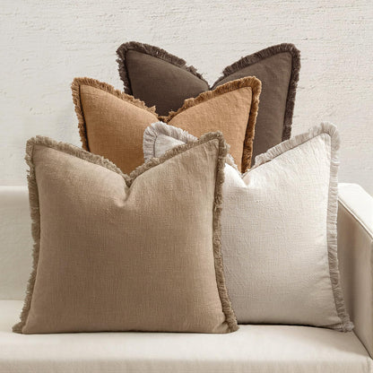 Neutral Linen Fringe Throw Pillow Covers Set of 4 Boho Farmhouse Tassel Cushion Covers for Sofa Bed Living Room Decor