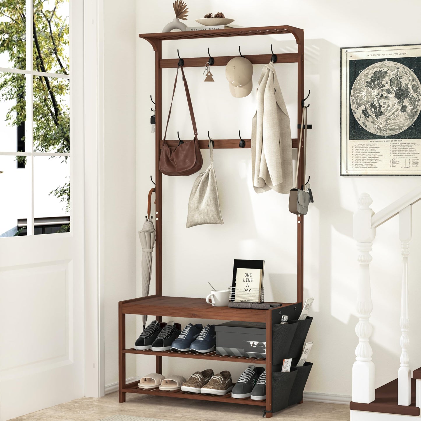 Hall Tree Entryway Bench with Coat Rack and Shoe Storage Bamboo Frame