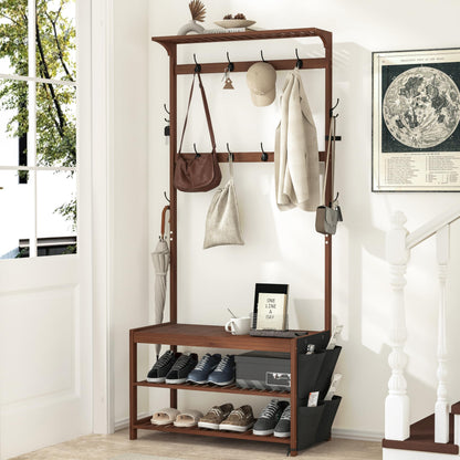 Hall Tree Entryway Bench with Coat Rack and Shoe Storage Bamboo Frame