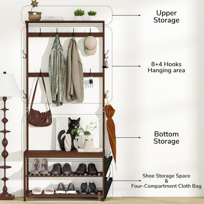 Hall Tree Entryway Bench with Coat Rack and Shoe Storage Bamboo Frame