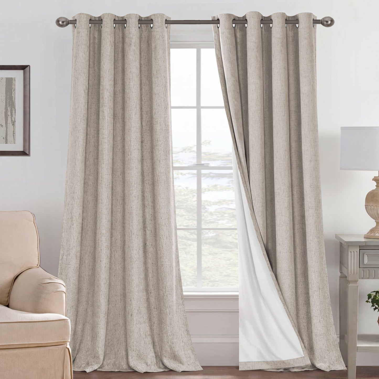 Linen Blackout Curtains Thick Textured Thermal Insulated Extra Wide Grommet Patio Door Drapes