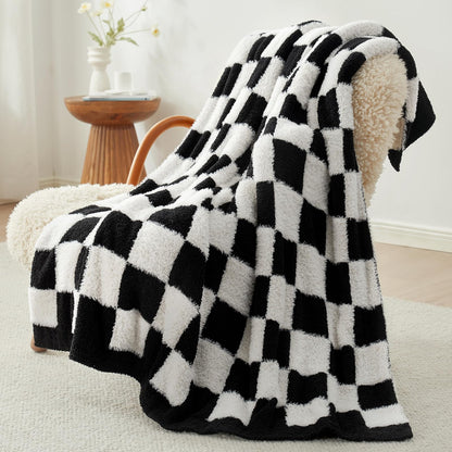 Snuggle Sac Faux Fur Checkered Throw Blanket with Fluffy Microfiber Fabric