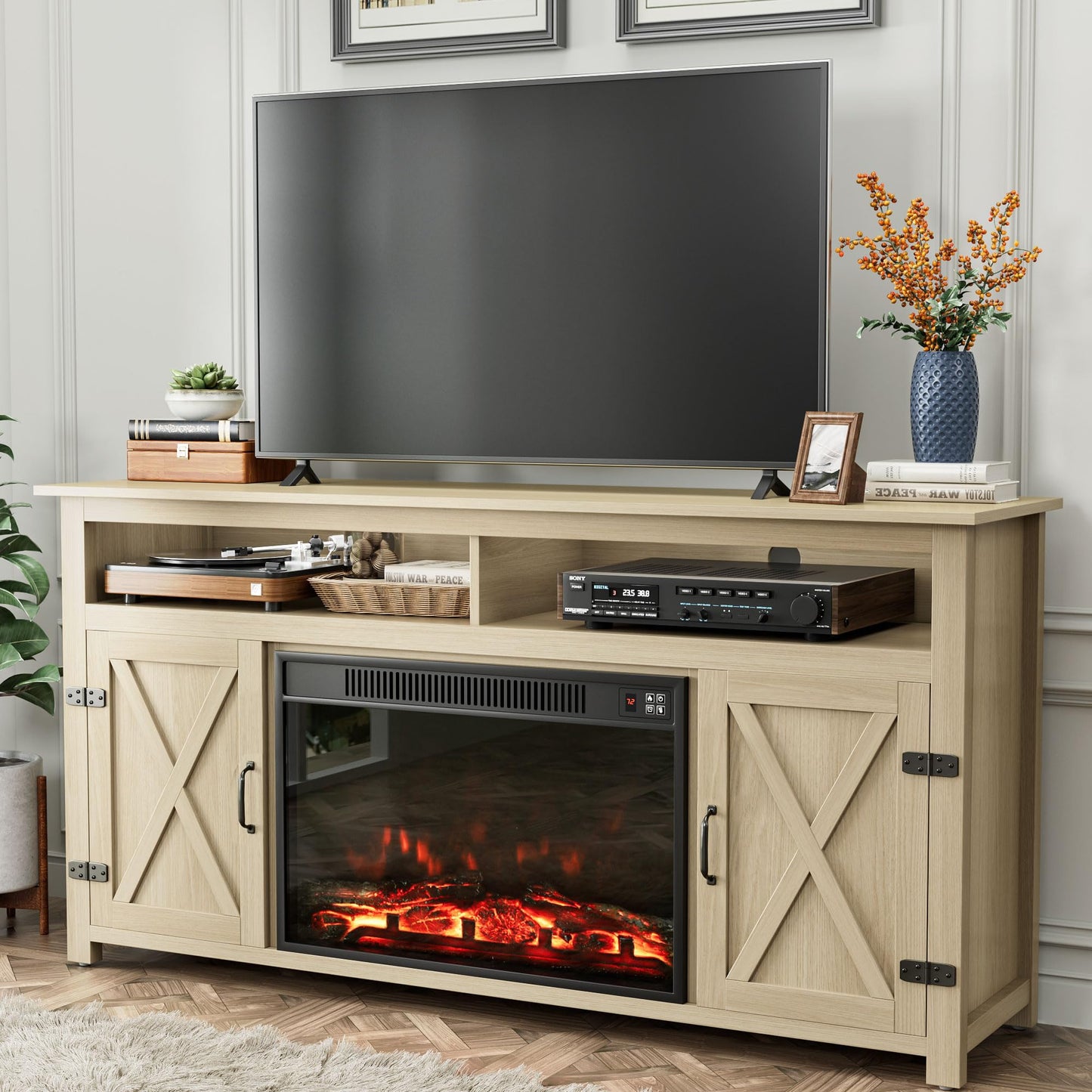 TV Stand for 65 Inch TVs with Sliding Barn Doors and Storage Cabinets