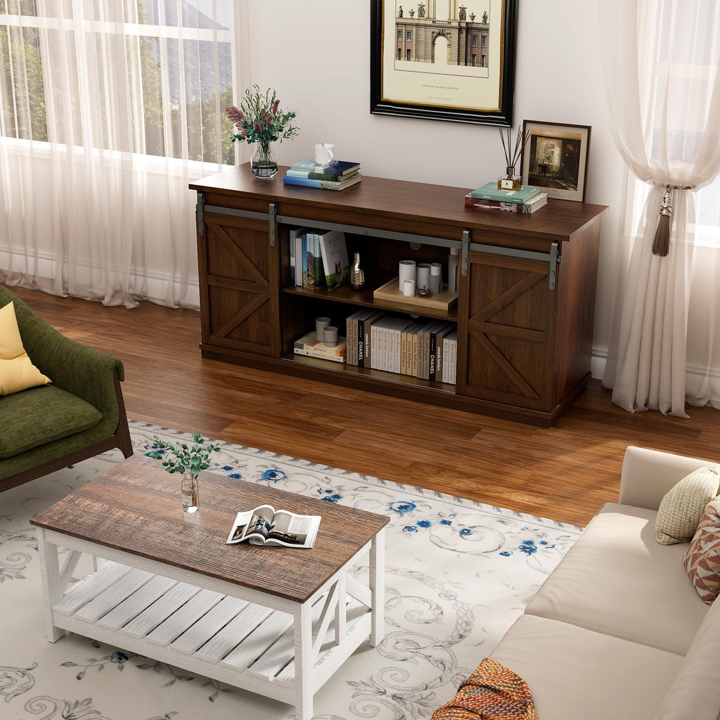 TV Stand for 65 Inch TVs with Sliding Barn Doors and Storage Cabinets
