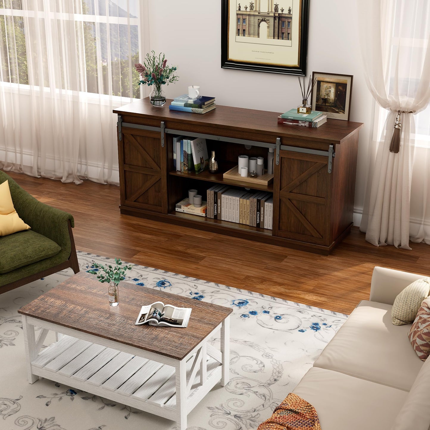TV Stand for 65 Inch TVs with Sliding Barn Doors and Storage Cabinets