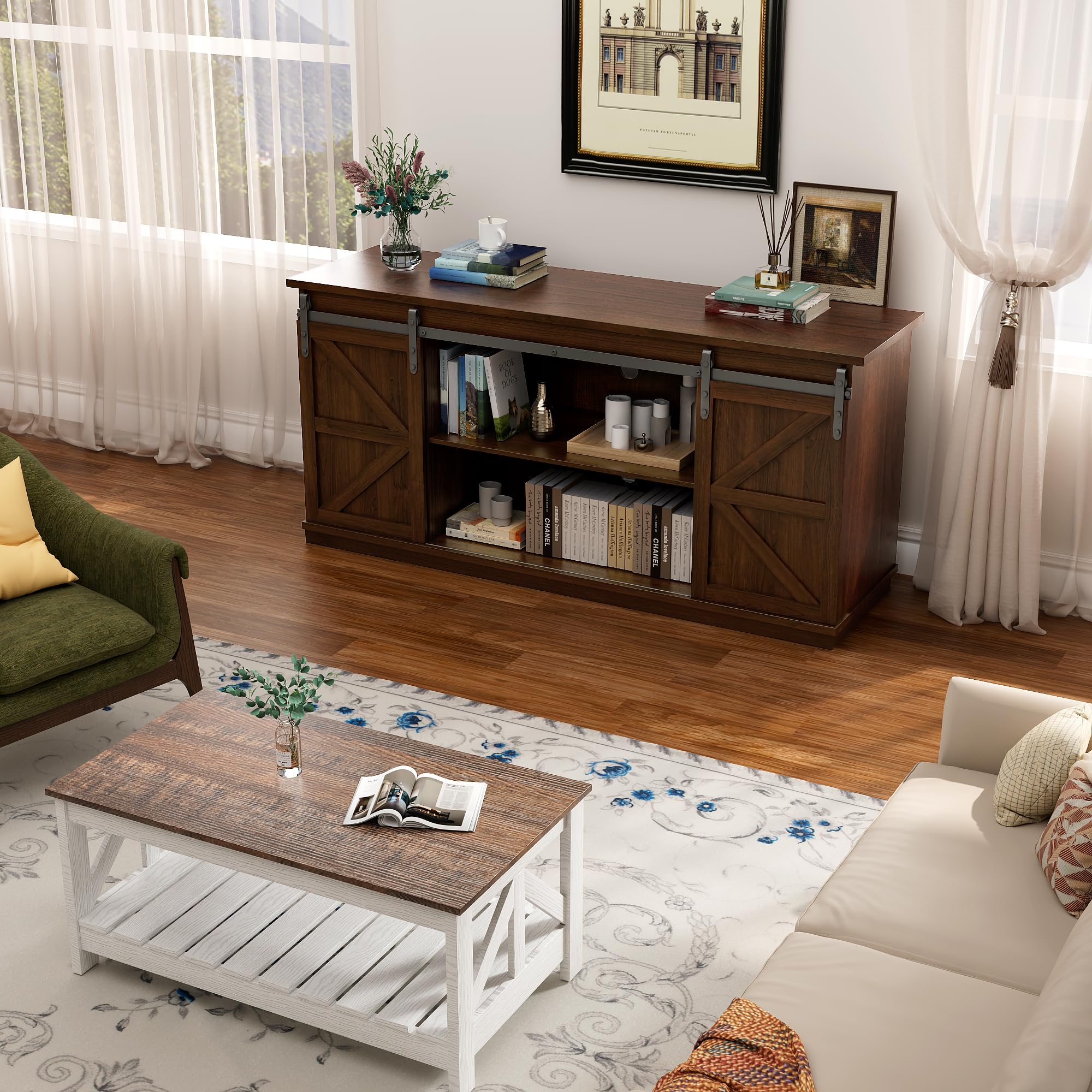 TV Stand for 65 Inch TVs with Sliding Barn Doors and Storage Cabinets