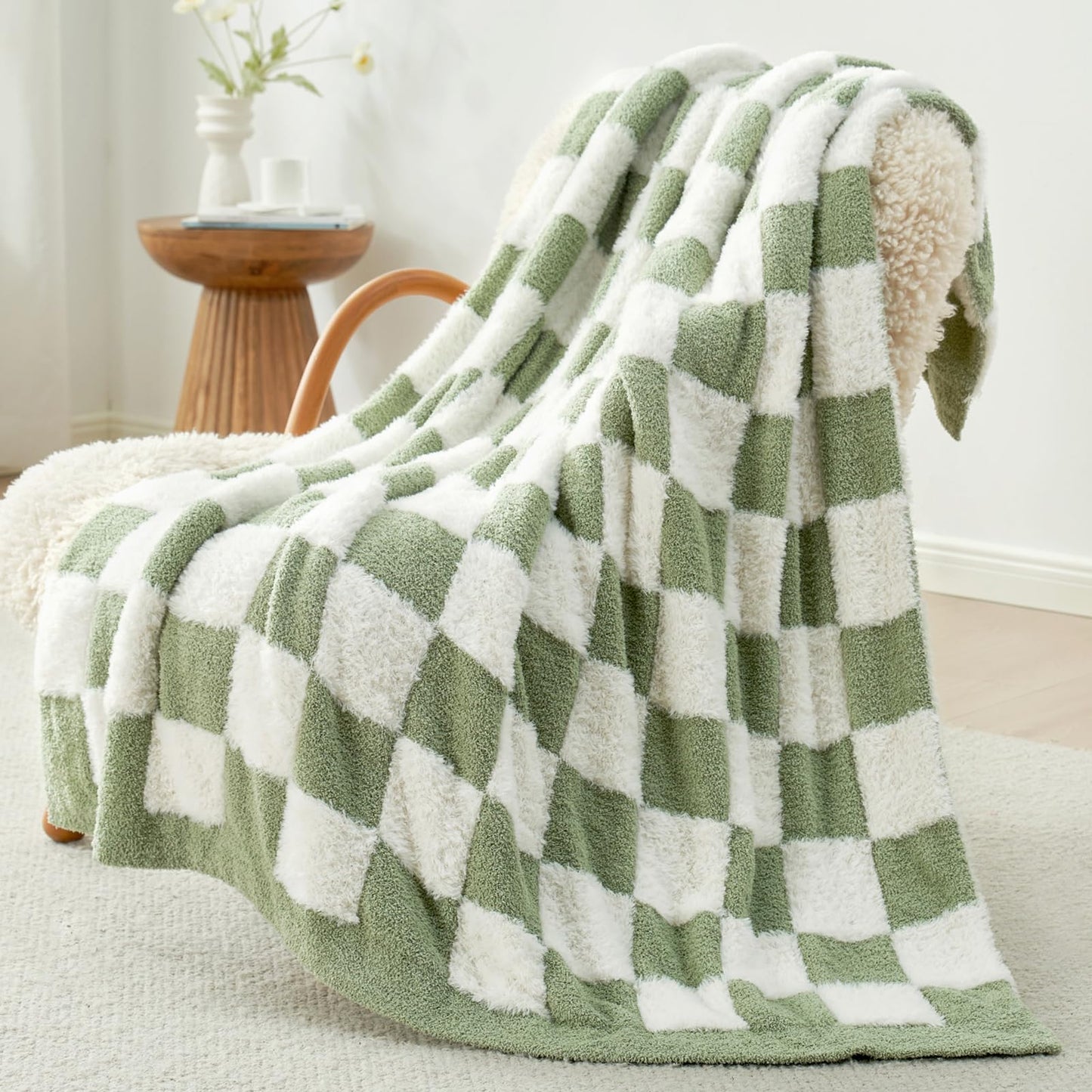 Snuggle Sac Faux Fur Checkered Throw Blanket with Fluffy Microfiber Fabric