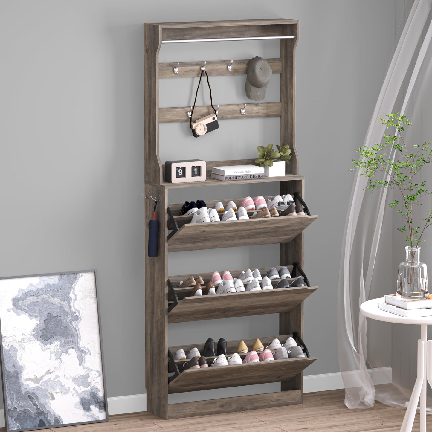 3-Flip Drawer Shoe Cabinet Freestanding Entryway Storage Cabinet