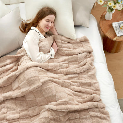 Snuggle Sac Faux Fur Checkered Throw Blanket with Fluffy Microfiber Fabric