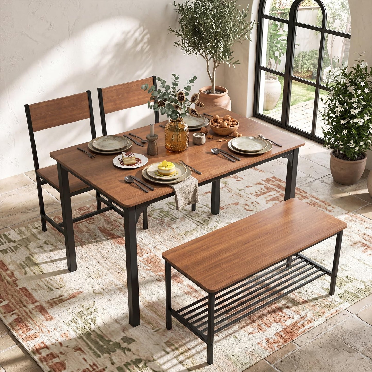 Dining Table Set for 4 with Bench, Chairs and Storage Rack Industrial Space Saving Design
