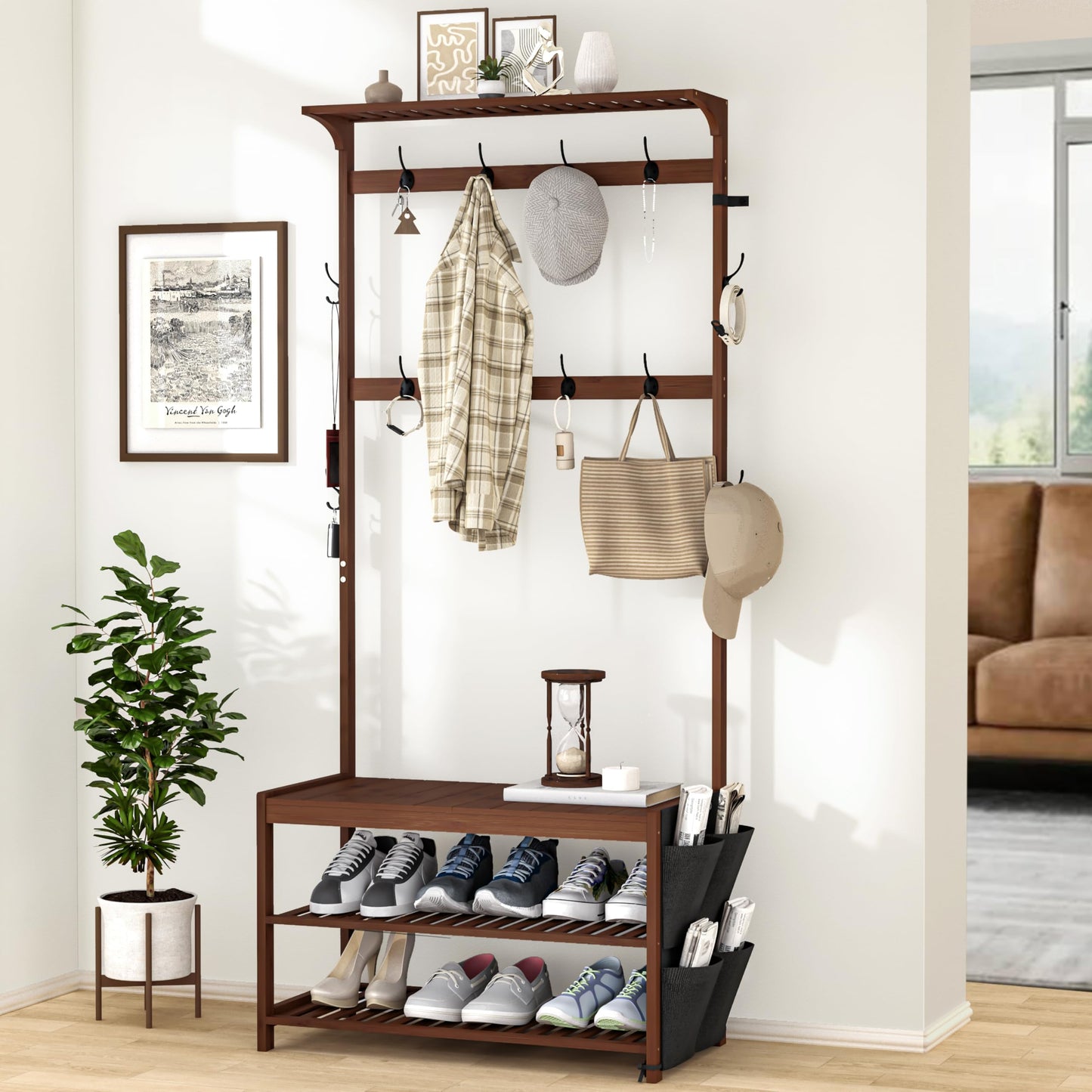Hall Tree Entryway Bench with Coat Rack and Shoe Storage Bamboo Frame