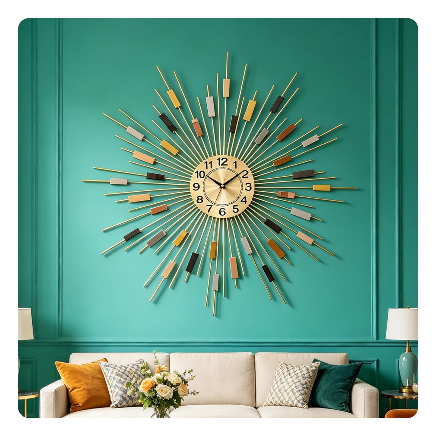Mid Century Modern Gold Metal Wall Clock Silent Battery Operated 24 Inch Decorative Clock for Living Room Bedroom Office
