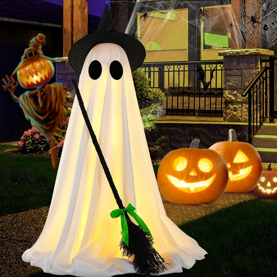 Halloween Ghost Decoration with LED Lights and Witch Broom Indoor Outdoor Porch Yard Garden Decor
