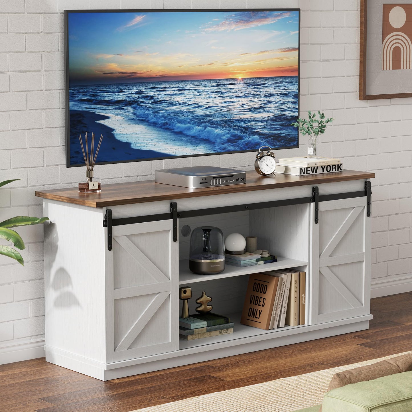 TV Stand for 65 Inch TVs with Sliding Barn Doors and Storage Cabinets