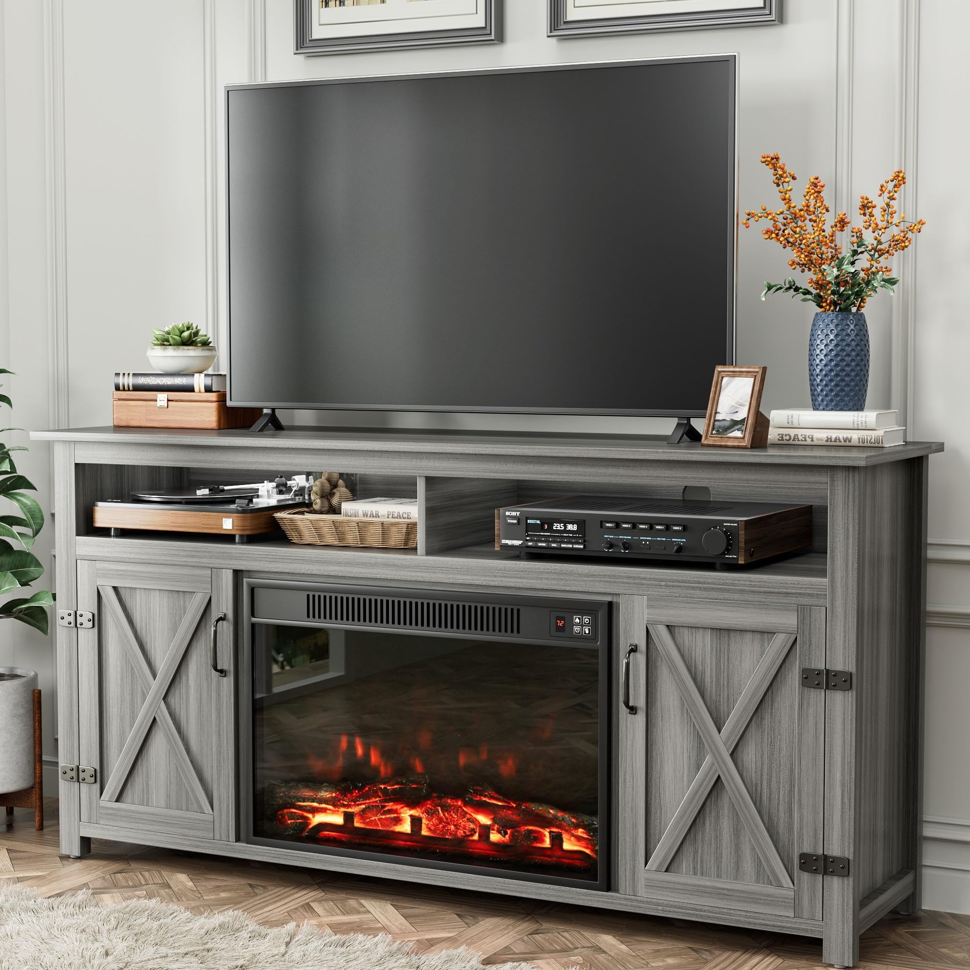 TV Stand for 65 Inch TVs with Sliding Barn Doors and Storage Cabinets