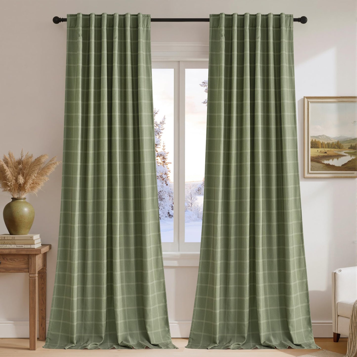 Linen Plaid Blackout Curtains Rod Pocket Back Tab Windowpane Drapes for Living Room Bedroom