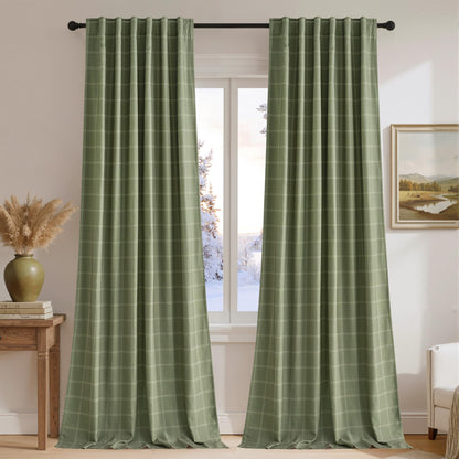 Linen Plaid Blackout Curtains Rod Pocket Back Tab Windowpane Drapes for Living Room Bedroom
