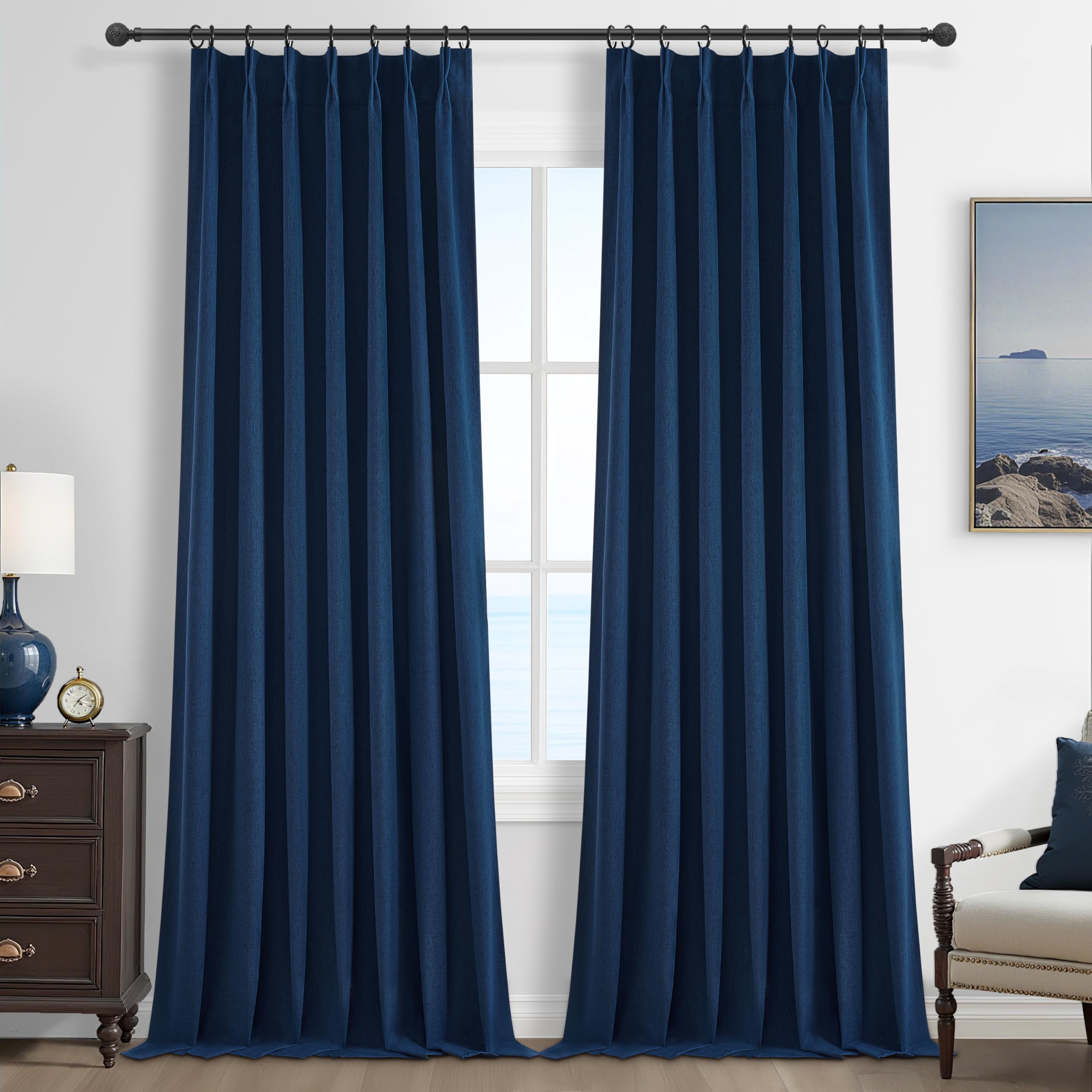 Linen Pinch Pleated Blackout Curtains 2 Panels Drapes for Living Room Bedroom
