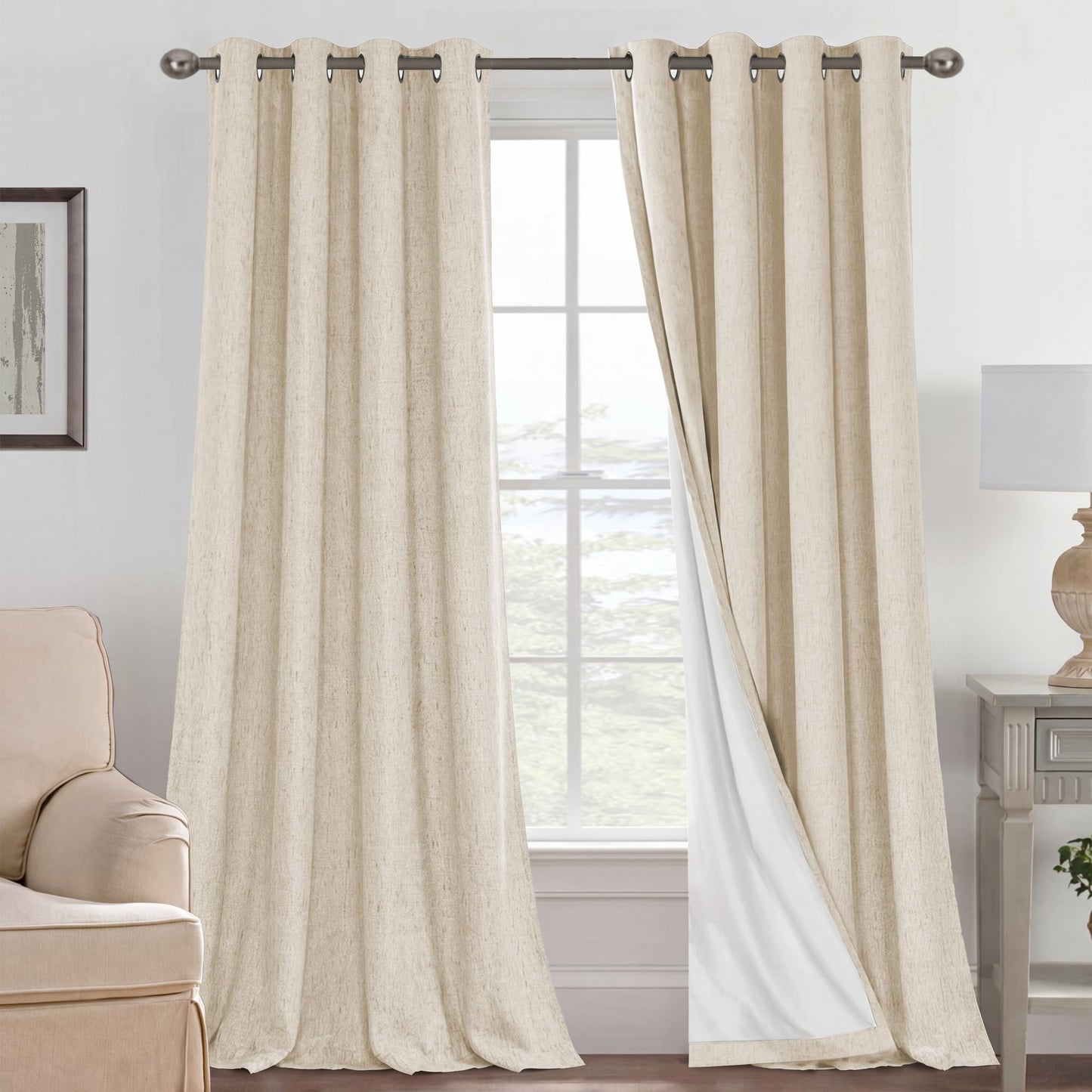 Linen Blackout Curtains Thick Textured Thermal Insulated Extra Wide Grommet Patio Door Drapes