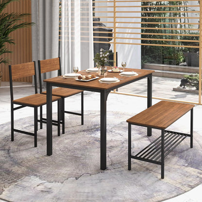 Dining Table Set for 4 with Bench, Chairs and Storage Rack Industrial Space Saving Design