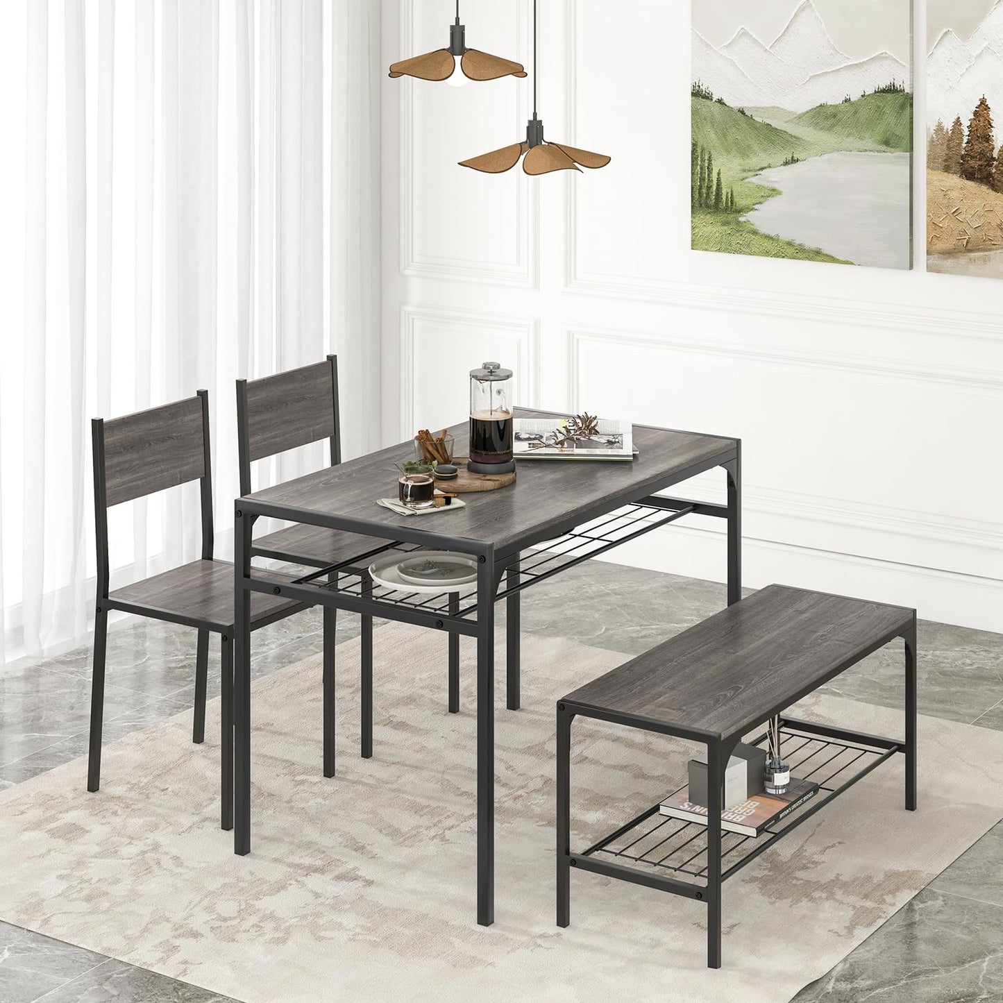 Dining Table Set for 4 with Bench, Metal Frame and Storage Rack, Modern Small Space Design