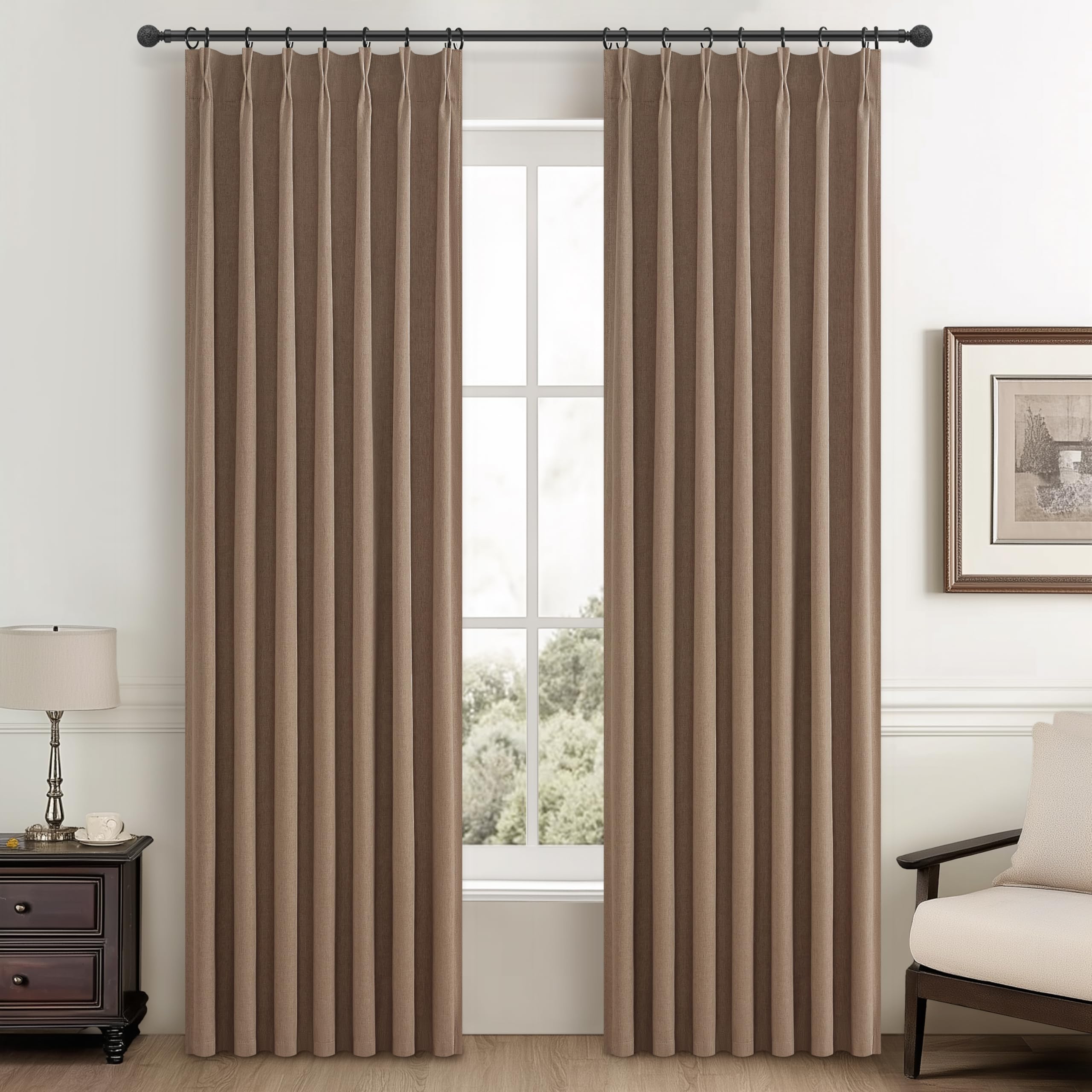 Linen Pinch Pleated Blackout Curtains 2 Panels Drapes for Living Room Bedroom
