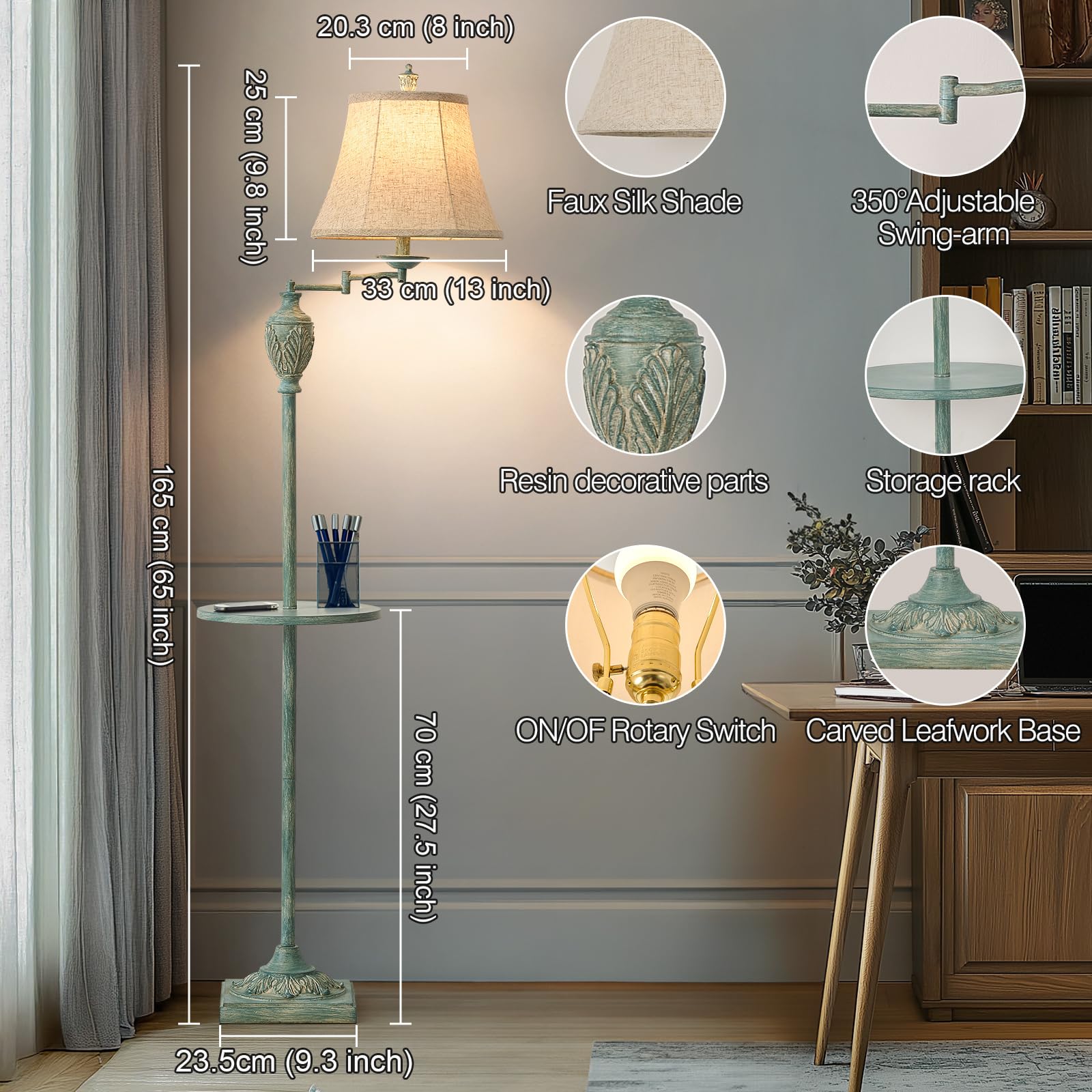 Vintage LED Floor Lamp with Adjustable Swing Arm Faux Silk Shade Rustic Standing Light for Living Room Bedroom Office