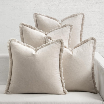 Neutral Linen Fringe Throw Pillow Covers Set of 4 Boho Farmhouse Tassel Cushion Covers for Sofa Bed Living Room Decor