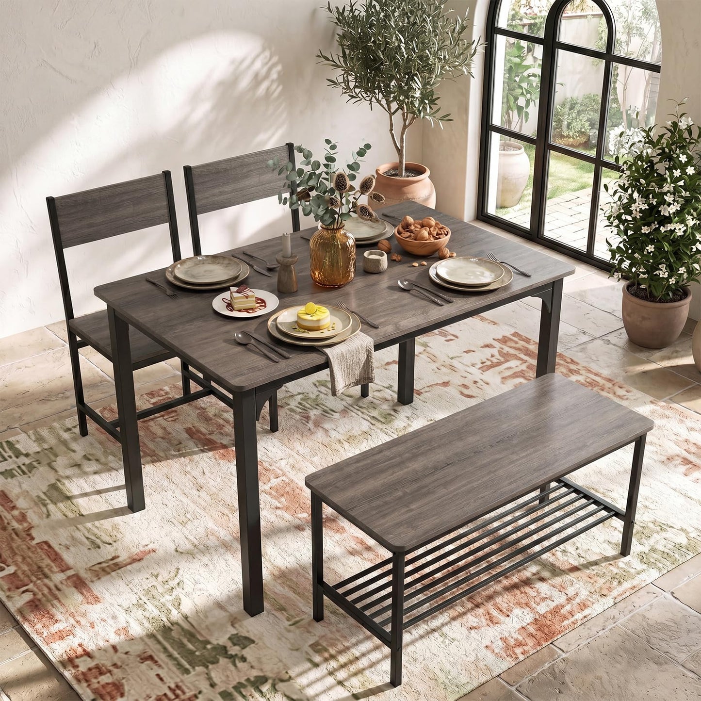 Dining Table Set for 4 with Bench, Chairs and Storage Rack Industrial Space Saving Design