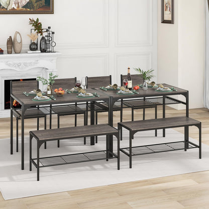 Dining Table Set for 4 with Bench, Metal Frame and Storage Rack, Modern Small Space Design